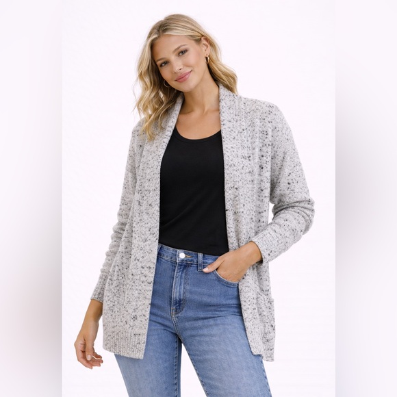 Reitmans Sweaters - Reitmans Speckled Knit Open Cardigan - Gray and Purple